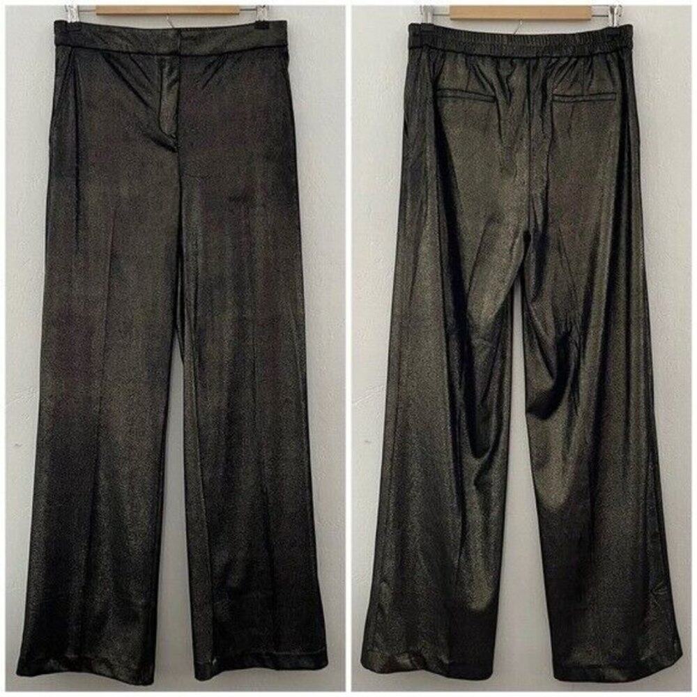 Joie Metallic Coated Trouser Pants Size 8 Gold Black Wide Leg Eveningwear NEW